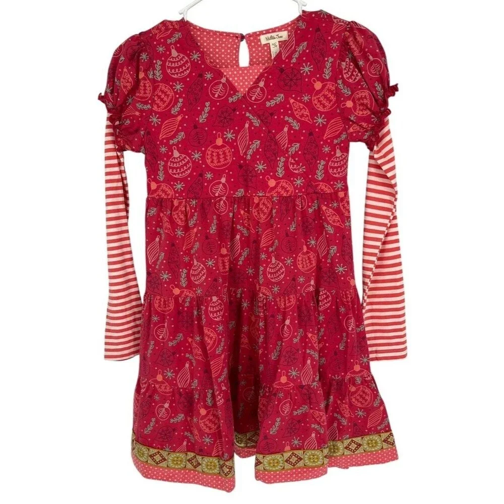 Matilda Jane Persephone Dress Girls Size 10 Red Ornament Striped Holidaycore
